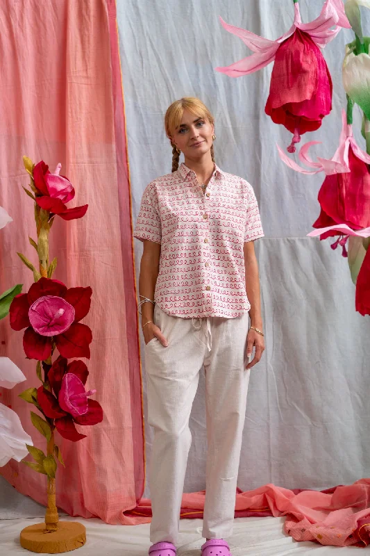 Weekend Extravaganza: Shop Now Unisex Button Up Shirt – Pink Twirl Print