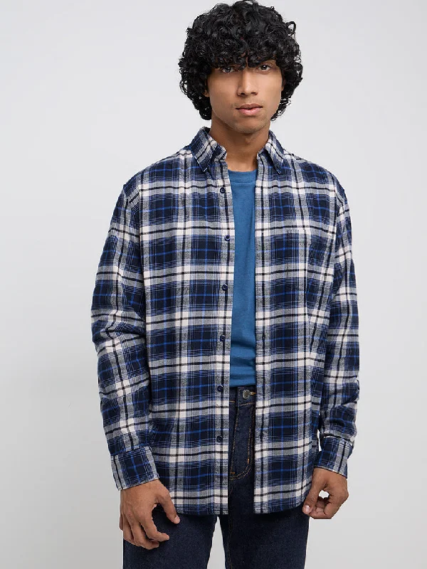 Weekend Offers That Shine WES Casuals Navy Checkered Relaxed-Fit Cotton Shirt