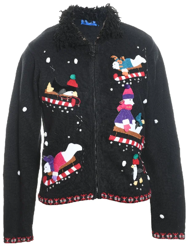 Midnight Sale Polar Bear Design Faux Fur Trim Christmas Cardigan - M