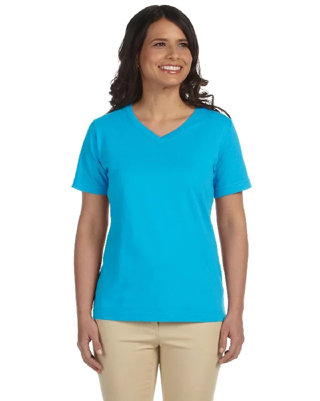 Weekend Deals to Brighten Your Day LAT Ladies Combed Cotton V-Neck T-Shirt | Aqua