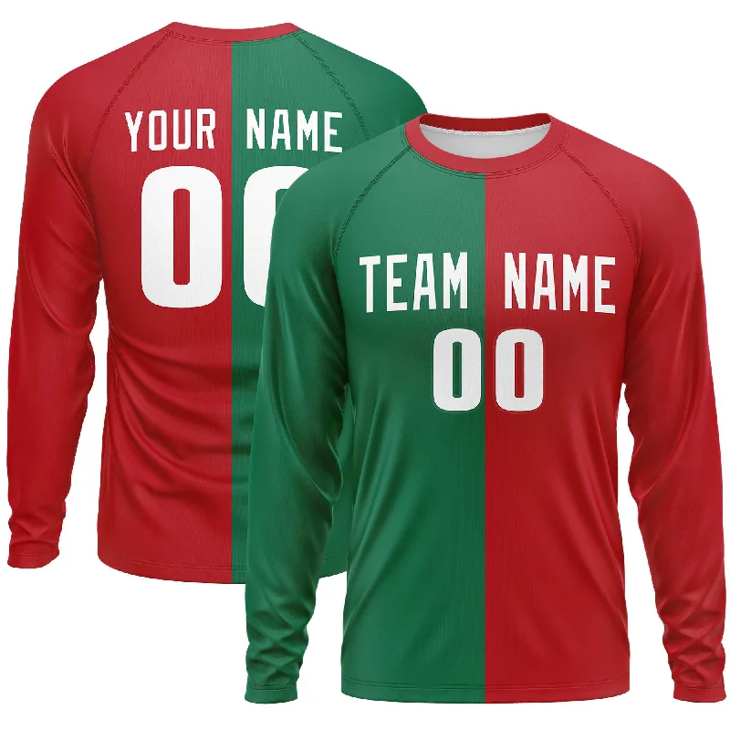 Weekend Specials to Grab Custom Kelly Green Red Crew Neck Split Design Long Sleeve Performance T-Shirt Weekend Specials to Grab Custom Kelly Green Red Crew Neck Split Design Long Sleeve Performance T-Shirt