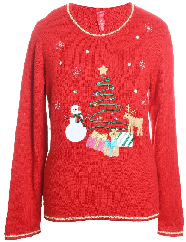 Big Savings Red Embroidered Christmas Tree Design Jumper - L