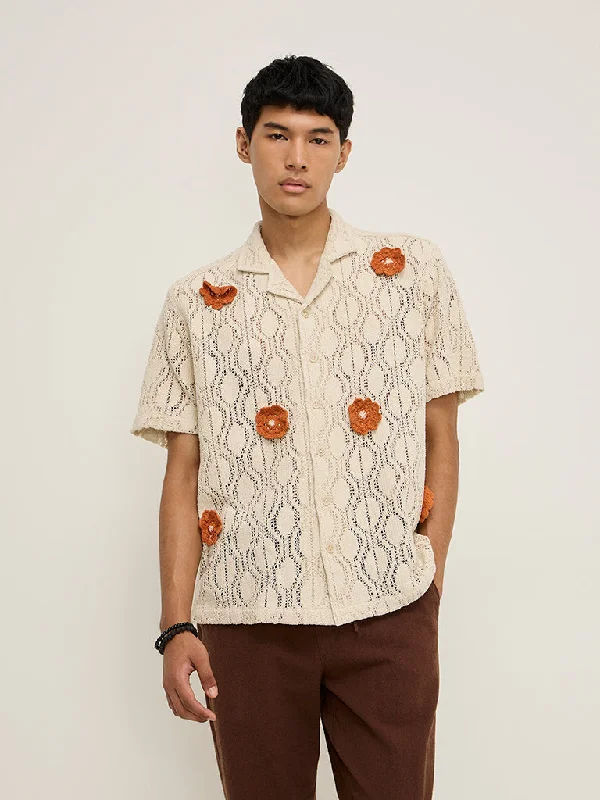 Weekend Offers That Dazzle ETA Beige Floral Knitted Relaxed-Fit Cotton Blend Shirt