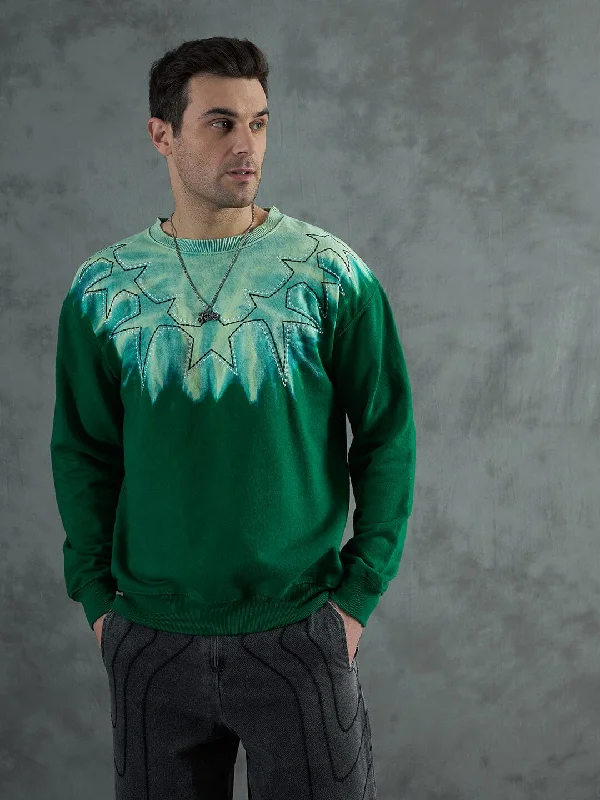 Weekend Savings Spectacle Green Star Embroidery Ombre Sweatshirt