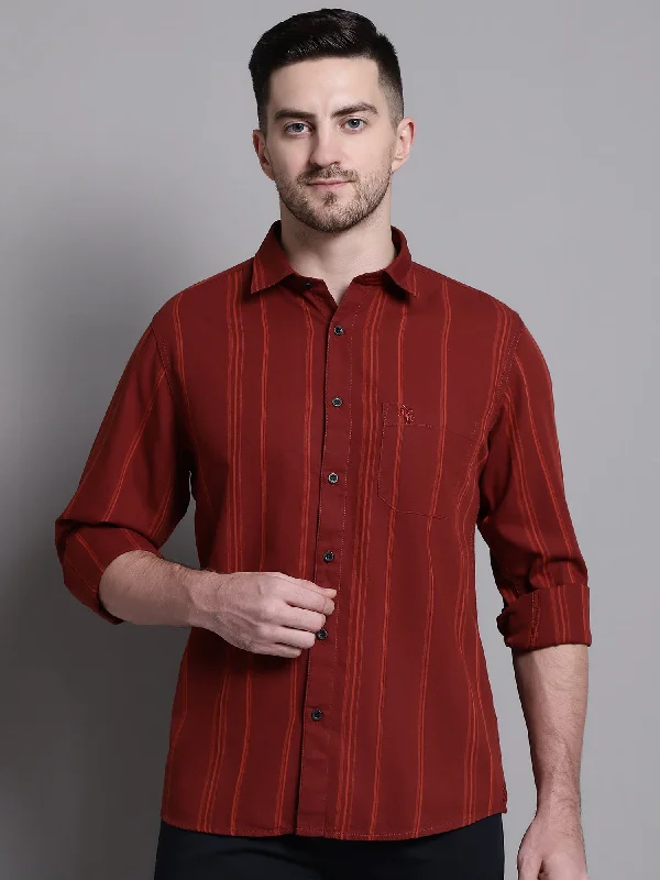 Weekend Discounts to Snag Men's Maroon Casual Broad Stripe Full Sleeve Shirt
