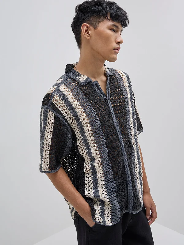 Pay Less ETA Black Crochet Relaxed-Fit Cotton Shirt
