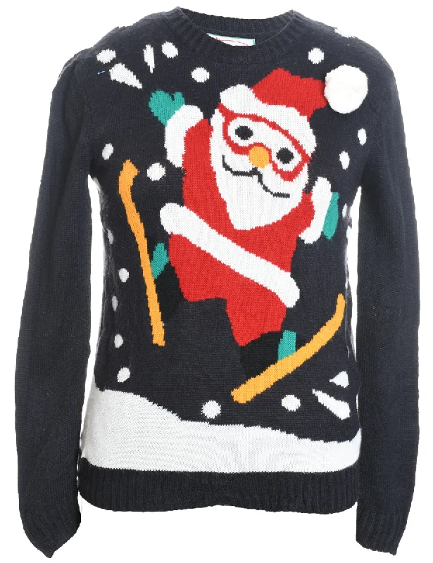 Santa Claus Design Navy Knit Christmas Jumper - M