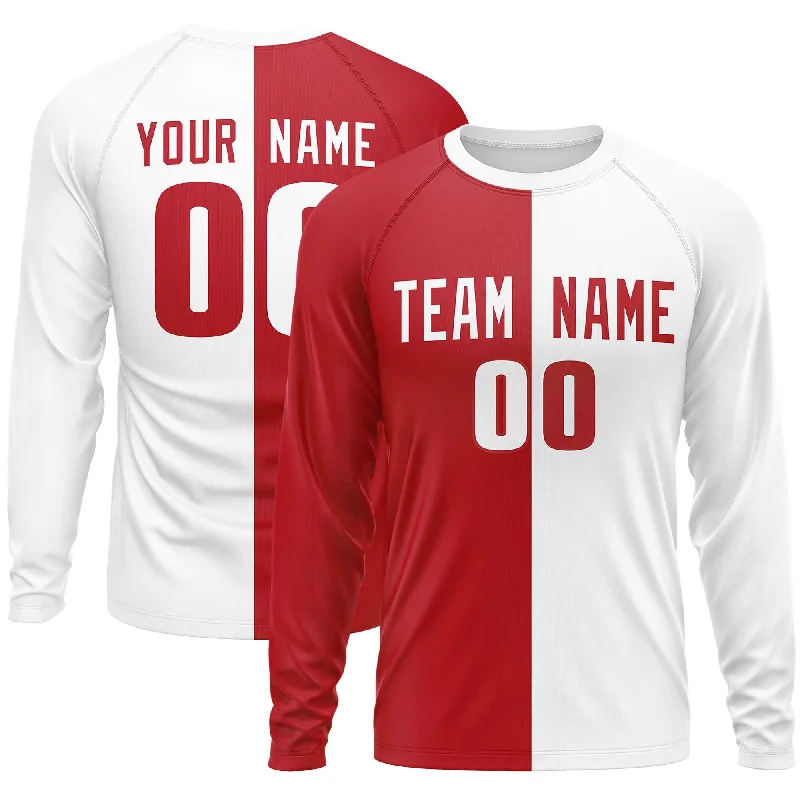 Weekend Savings Spectacle Custom Red White Crew Neck Split Design Long Sleeve Performance T-Shirt Weekend Savings Spectacle Custom Red White Crew Neck Split Design Long Sleeve Performance T-Shirt