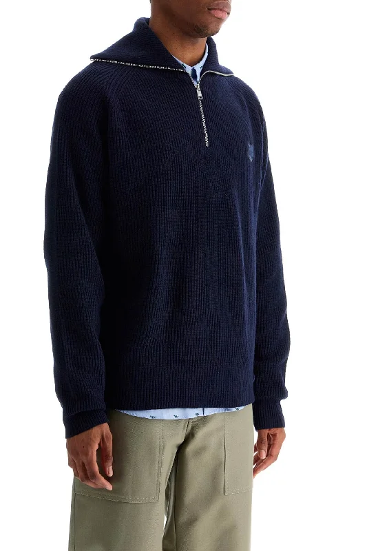Special Discount Maison Kitsune Ink Blue Wool Sweater With Fox Head Patch And Half Zip
