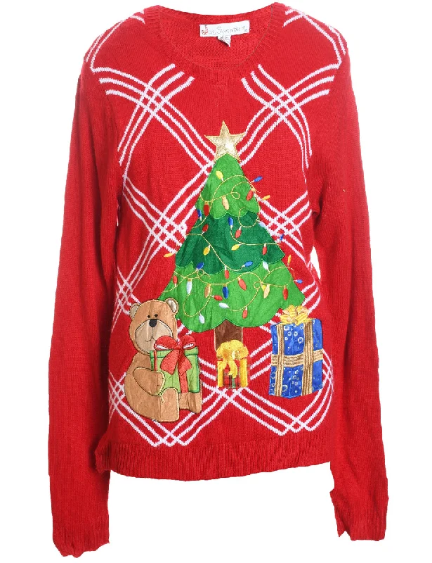 Act Now Red Embroidered & Applique Design Christmas Jumper - M