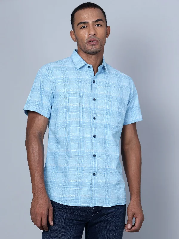 Clearance Sale Men's Mint Blue Casual Medium Checks Half Sleeve Shirt