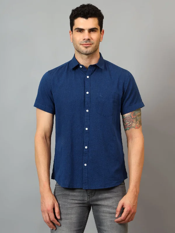 Weekend Discounts to Savor Men's Navy Blue Casual Plain Half sleeve Shirt