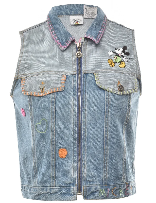 Sleeveless Mickey Mouse Denim Jacket - L