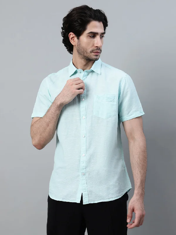 Savings Event Men's Mint Blue Casual Plain Half Sleeve Shirt