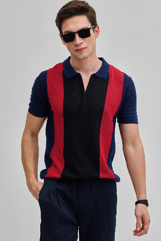 Super Discount Navy Colourblocked Zipper Polo T-Shirt