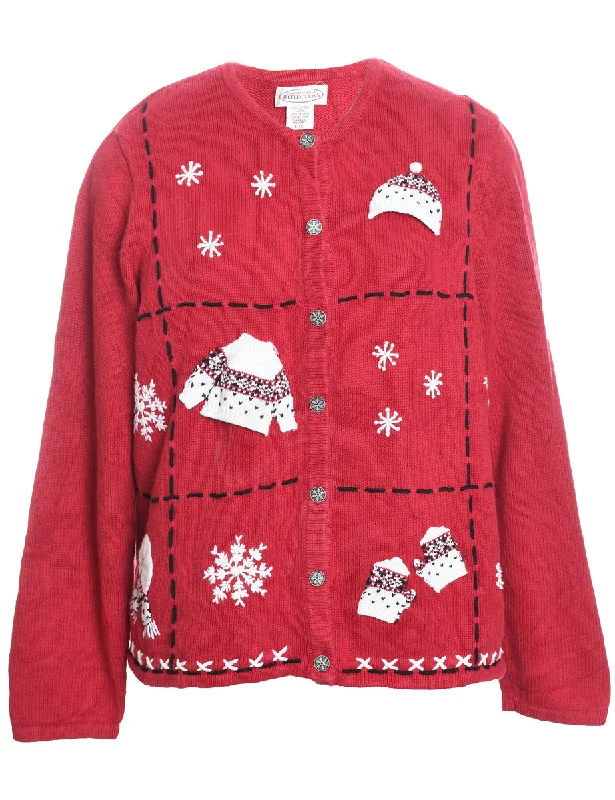 Bargain Alert Red Embroidered Christmas Cardigan - L