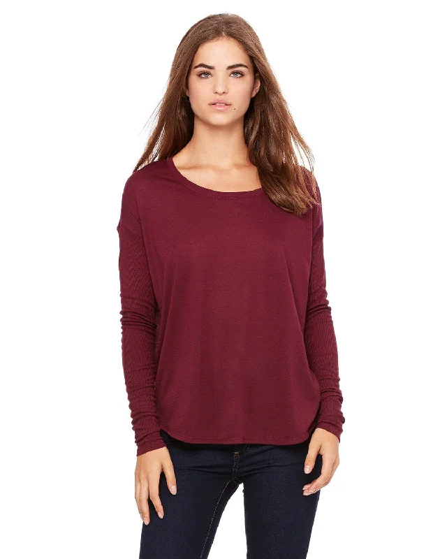 Bella+Canvas Ladies Flowy Long Sleeve T-Shirt with 2x1 Sleeves | Maroon