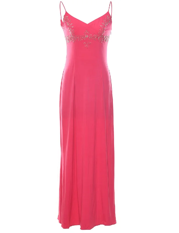 Best Seller Pink & Silver Embroidered Strappy Evening Dress - L
