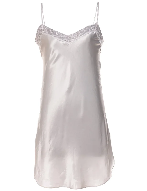 Shiny Lace Trim White Slip - M