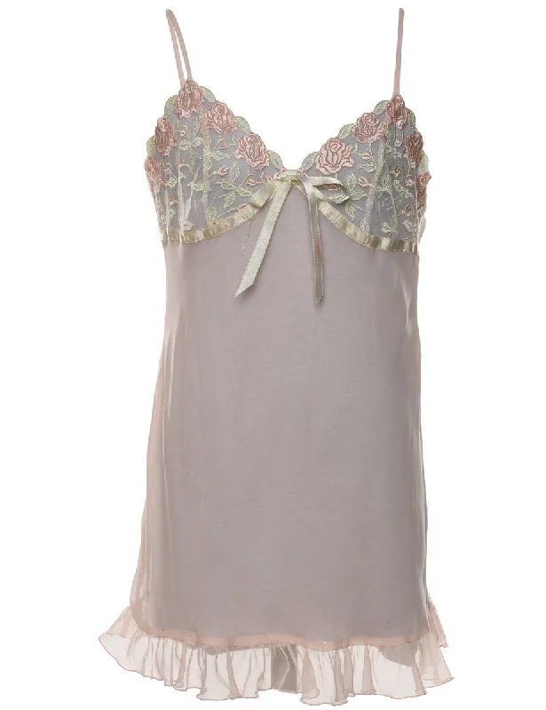 Sheer Embroidered Lace Trim Babydoll - M