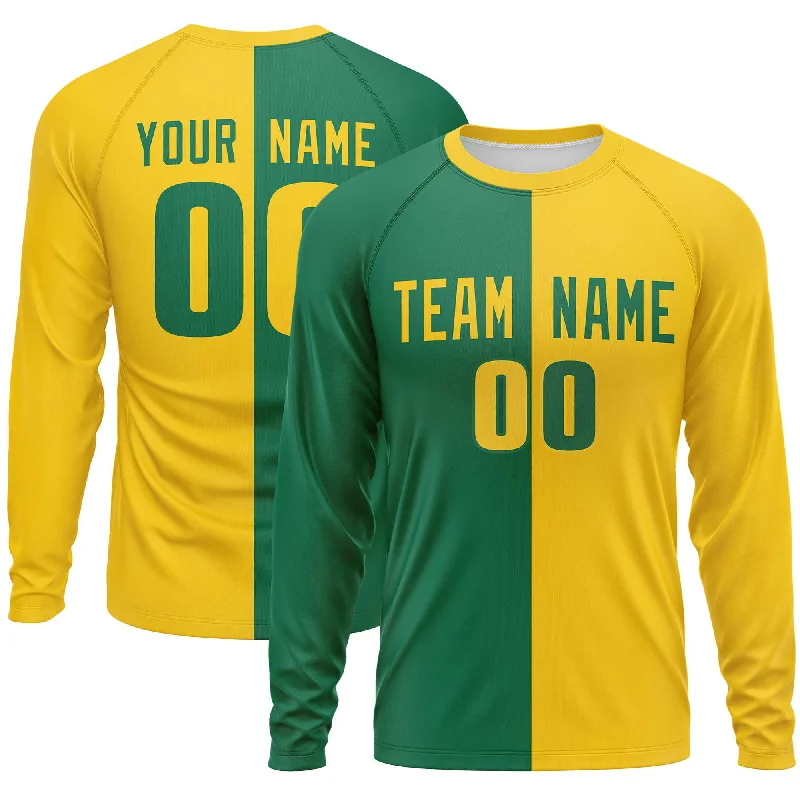 Weekend Offers That Shine Custom Kelly Green Gold Crew Neck Split Design Long Sleeve Performance T-Shirt Weekend Offers That Shine Custom Kelly Green Gold Crew Neck Split Design Long Sleeve Performance T-Shirt