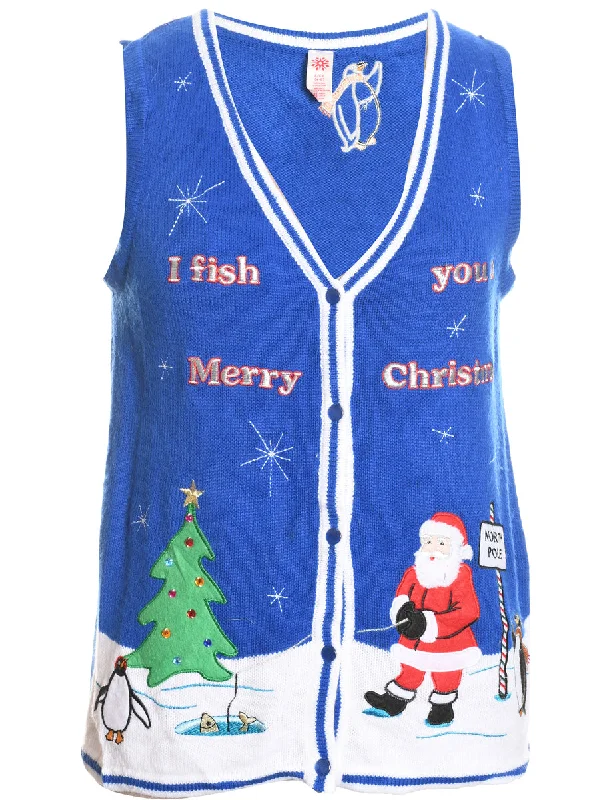 Santa Claus Design Blue Knit Christmas Vest - S