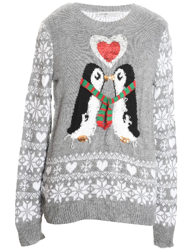Low Cost Penquin Design Grey & White Knit Christmas Jumper - M