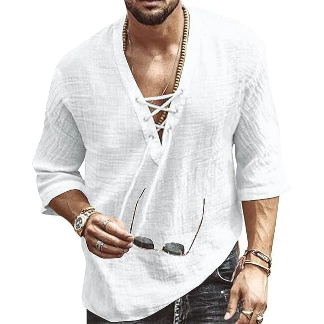 Men's Fashion Shirt Short Sleeve Beach V-Neck Drawstring