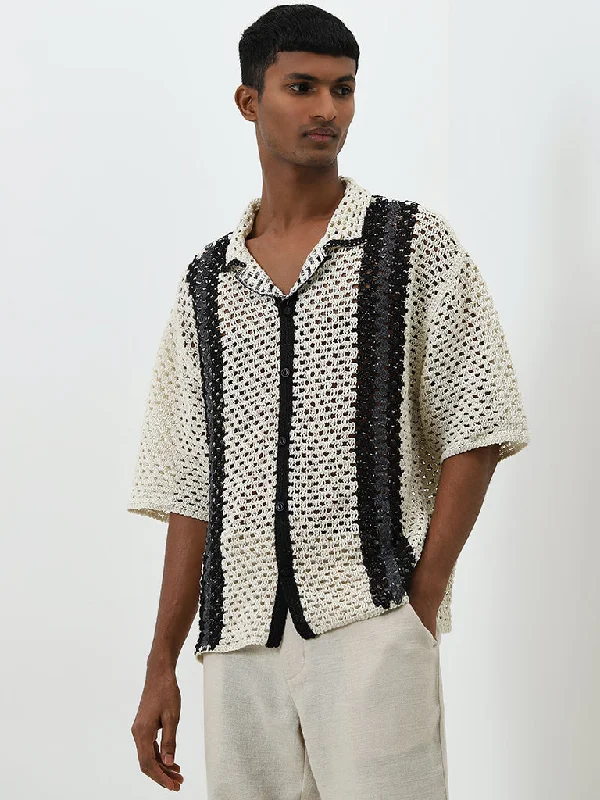 Value Pack ETA Off-White Colour Blocked Crochet Relaxed-Fit Shirt