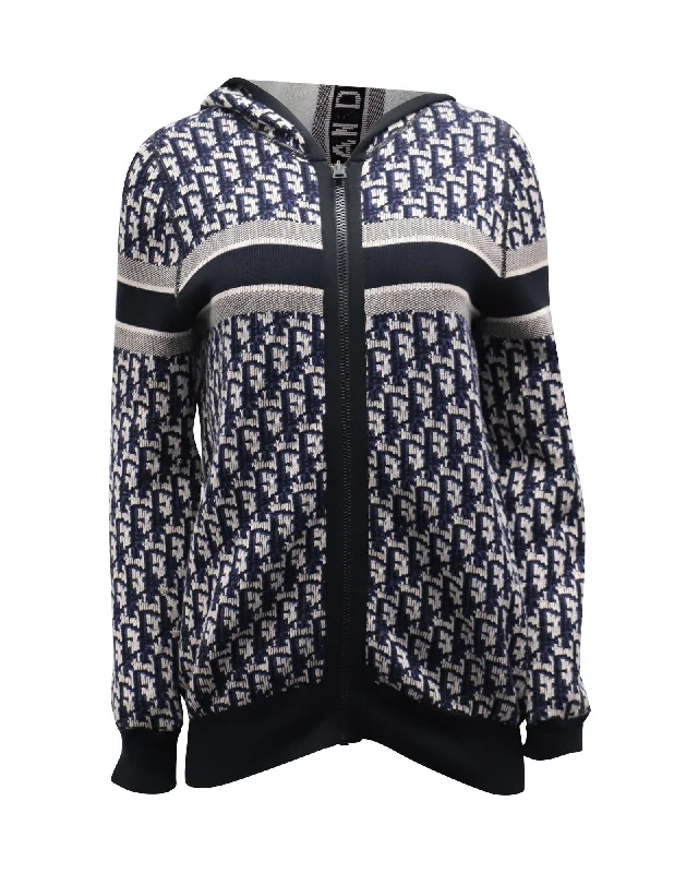 Markdown Sale Dior Oblique Motif Hooded Cardigan in Blue Cotton
