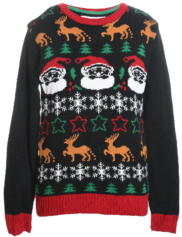 Santa Claus Design Black Knit Christmas Jumper - M