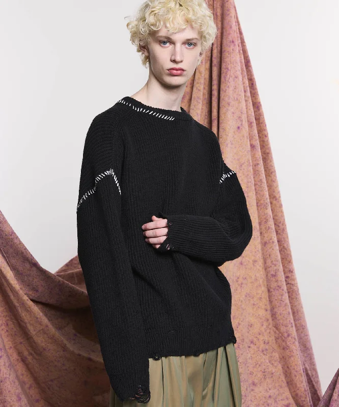Stock Up 【SALE】Embroidery Damage Prime-Over Crew Neck Knit Pullover