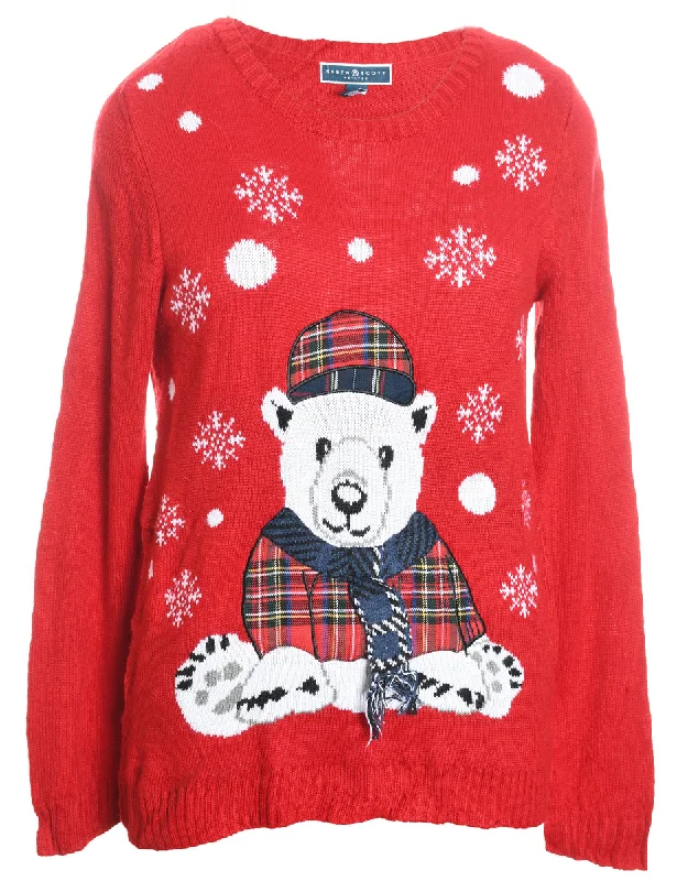 Now Available Polar Bear Design Red Appliqued Christmas Jumper - M