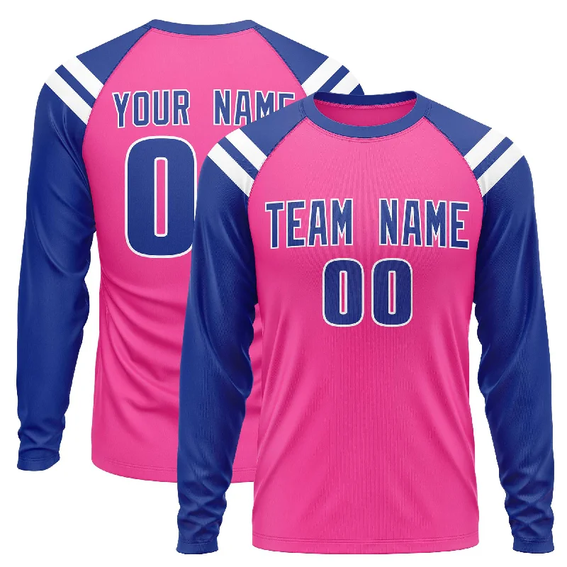 Custom Pink Royal-White Crew Neck Personalized Raglan Long Sleeve Performance T-Shirt