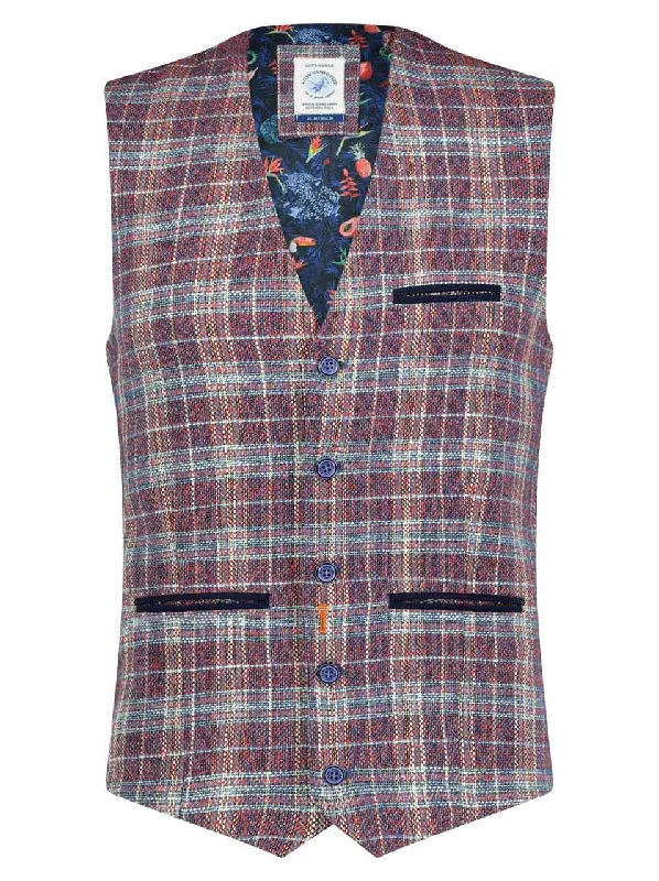 A Fish Named Fred Linen Check Waistcoat Coral/Navy