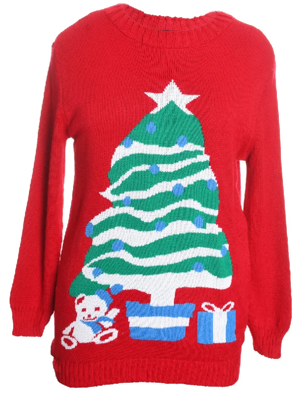 Weekend Specials to Snag Red Christmas Tree Design Knit Jumper - M