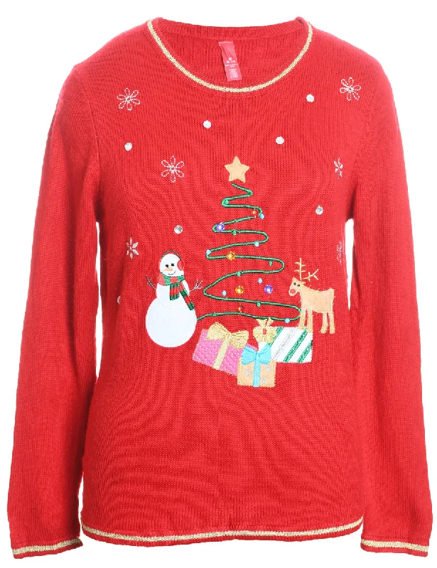 Cash Savings Red Embroidered Knit Christmas Jumper - M