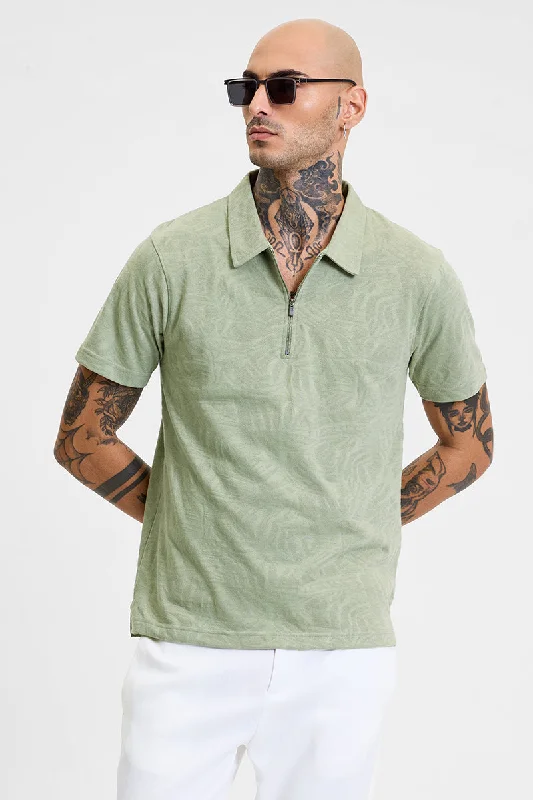 Light Green Self-Design Zipper Polo T-Shirt