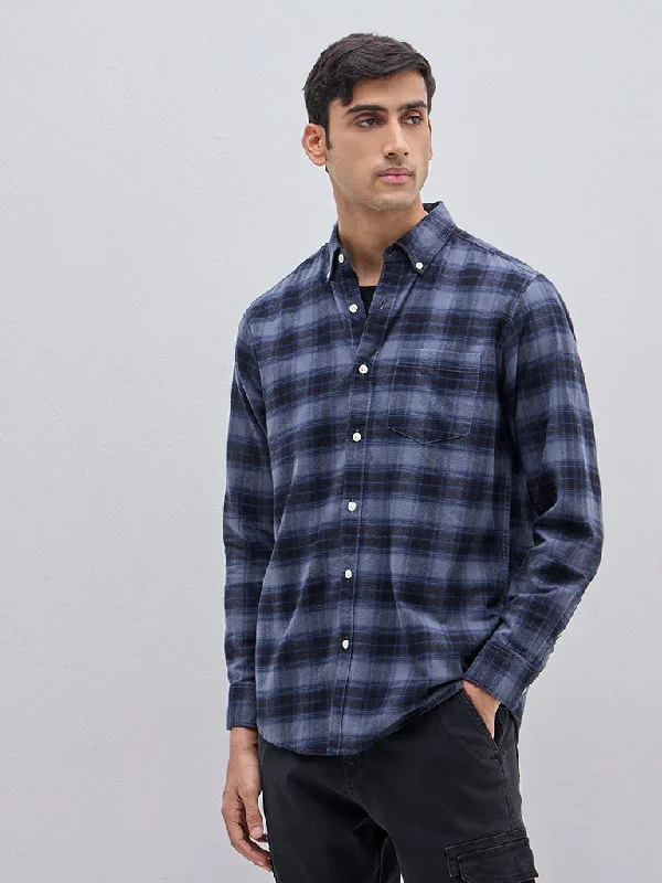 Can't Resist WES Casuals Dark Blue Checkered Relaxed-Fit Cotton Shirt