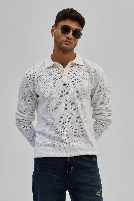 Weekend Bargains Just for You White Self-Design Polo T-Shirt