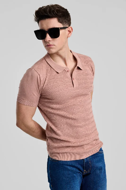 Special Discount Peach Knitted Polo T-Shirt
