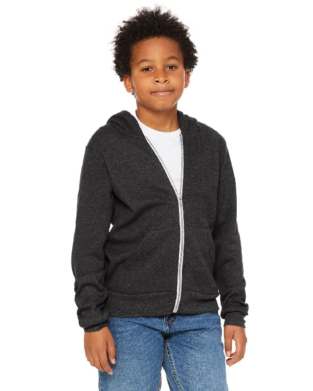 Bella+Canvas Youth Sponge Fleece Full-Zip Hooded Sweatshirt | Dark Gry Heather