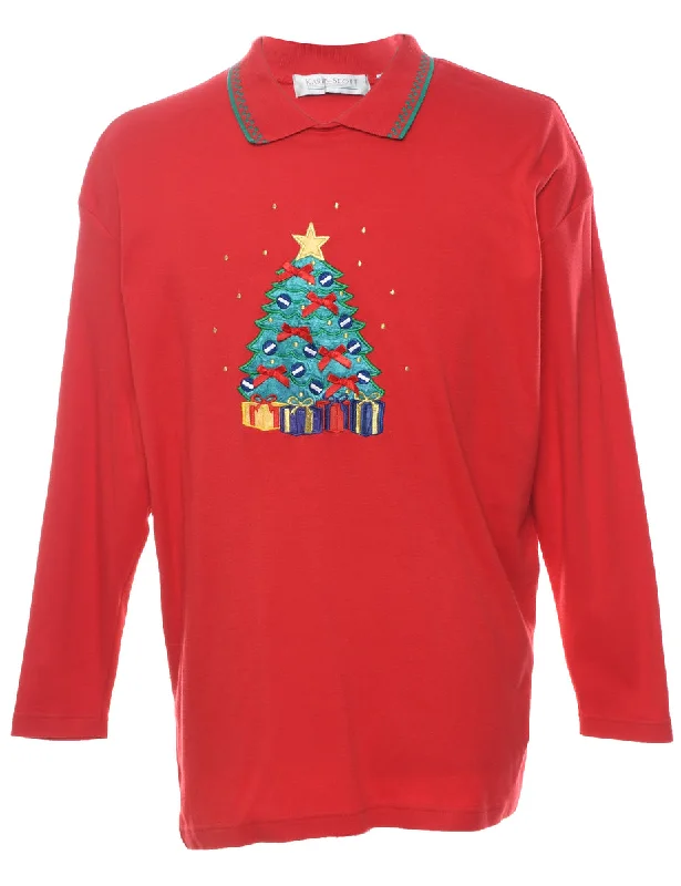 Buy Today Red Embroidered Christmas Tree Design Sweatshirt - L