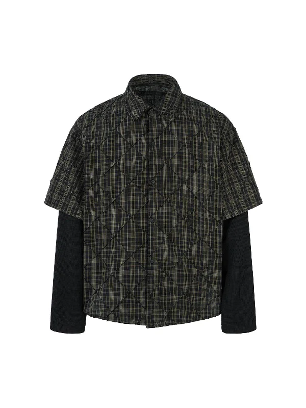 Super Bargain Heavy Plaid Pleated Striped Faux Two-Piece Polo Shirt