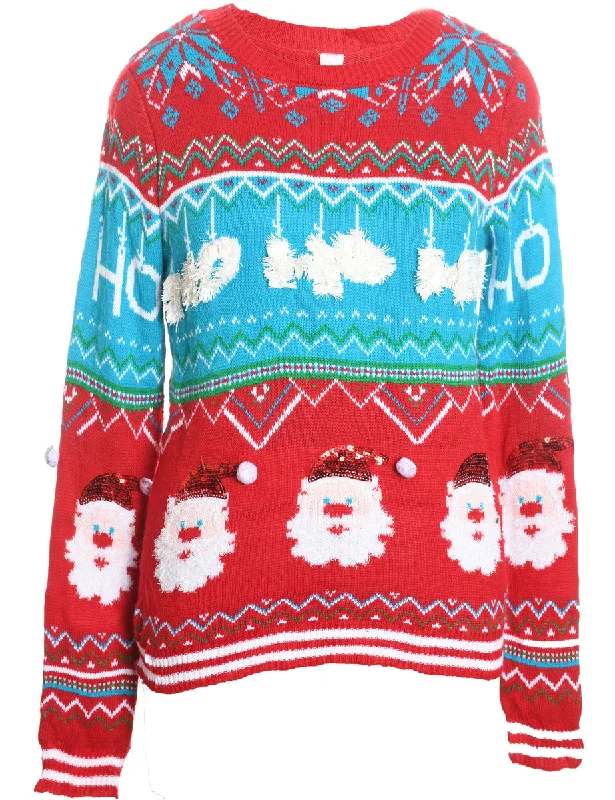 Overstock Sale Red & Light Blue Patterned Christmas Jumper - L