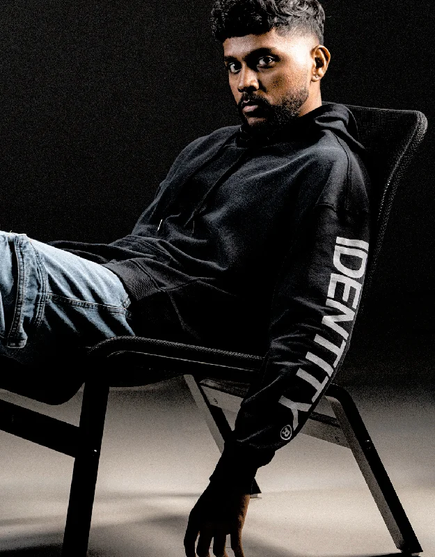 Weekend Price Cuts Galore Identity On Sleeves - Drop Shoulder Hoodie Black | Spray Effect