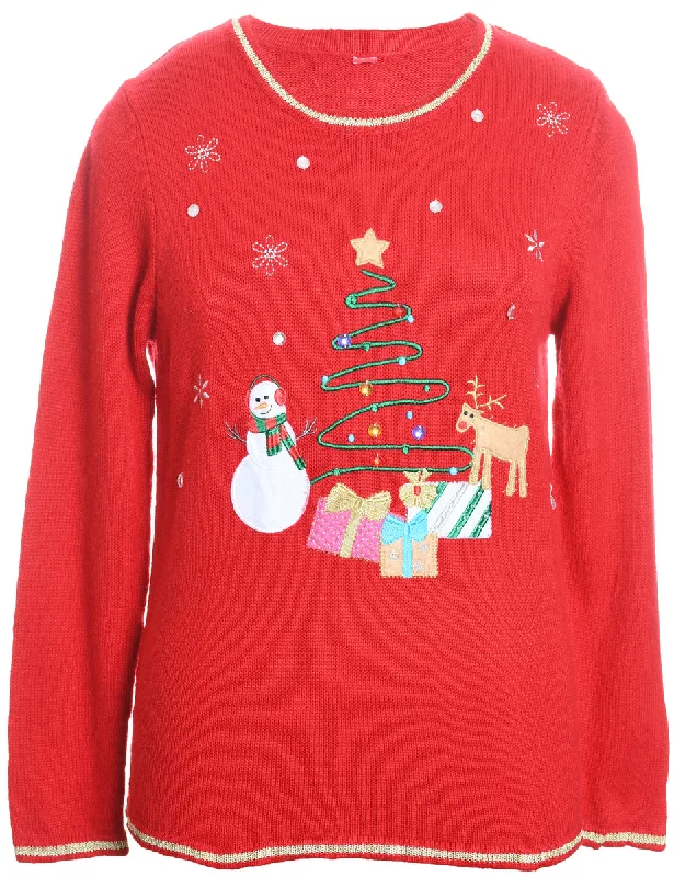 Bonus Offer Red Embroidered Christmas Tree Design Jumper - M
