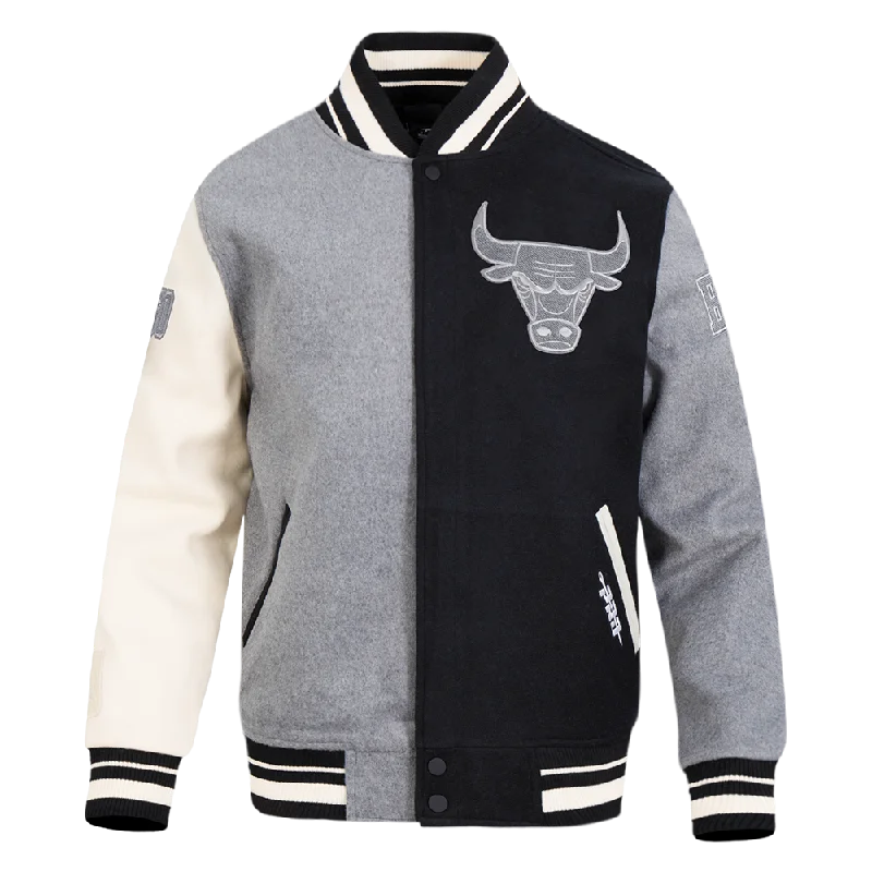 NBA CHICAGO BULLS REVERSE FRENCH TERRY MEN'S CB WOOL VARSITY JACKET (BLACK/GRAY/EGGSHELL)