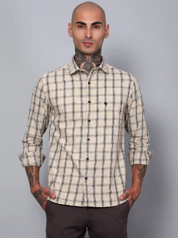 One-Day Only Men's Fawn Casual Medium Checks Full Sleeve Shirt