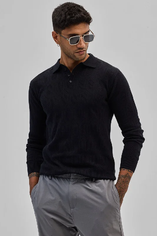 Weekend Offers That Excite Black Self-Design Polo T-Shirt
